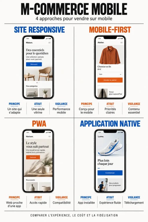 Infographie comparative du m commerce mobile entre site responsive, mobile-first, PWA et application native