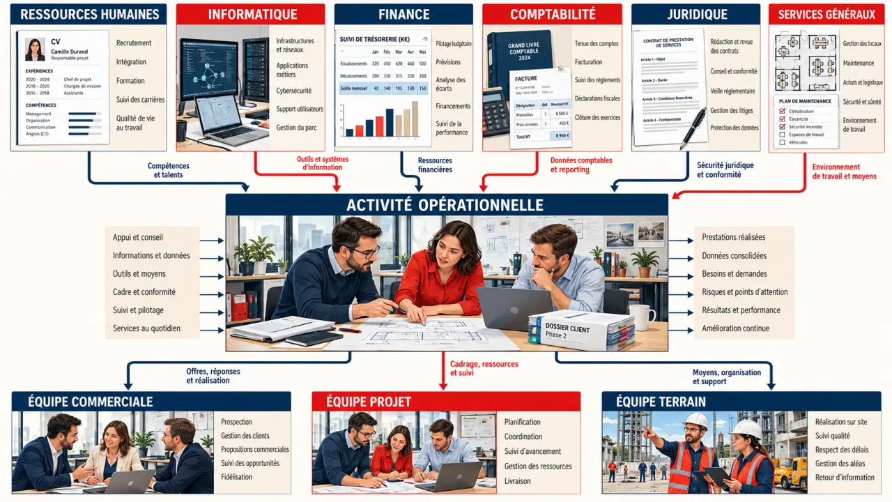 Illustration du rôle transversal des services supports entre les équipes d'une entreprise