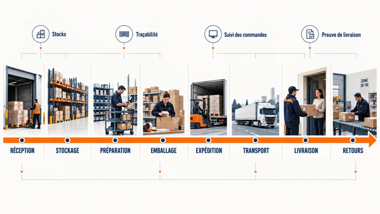 Parcours de gestion logistique de la réception à la livraison et aux retours
