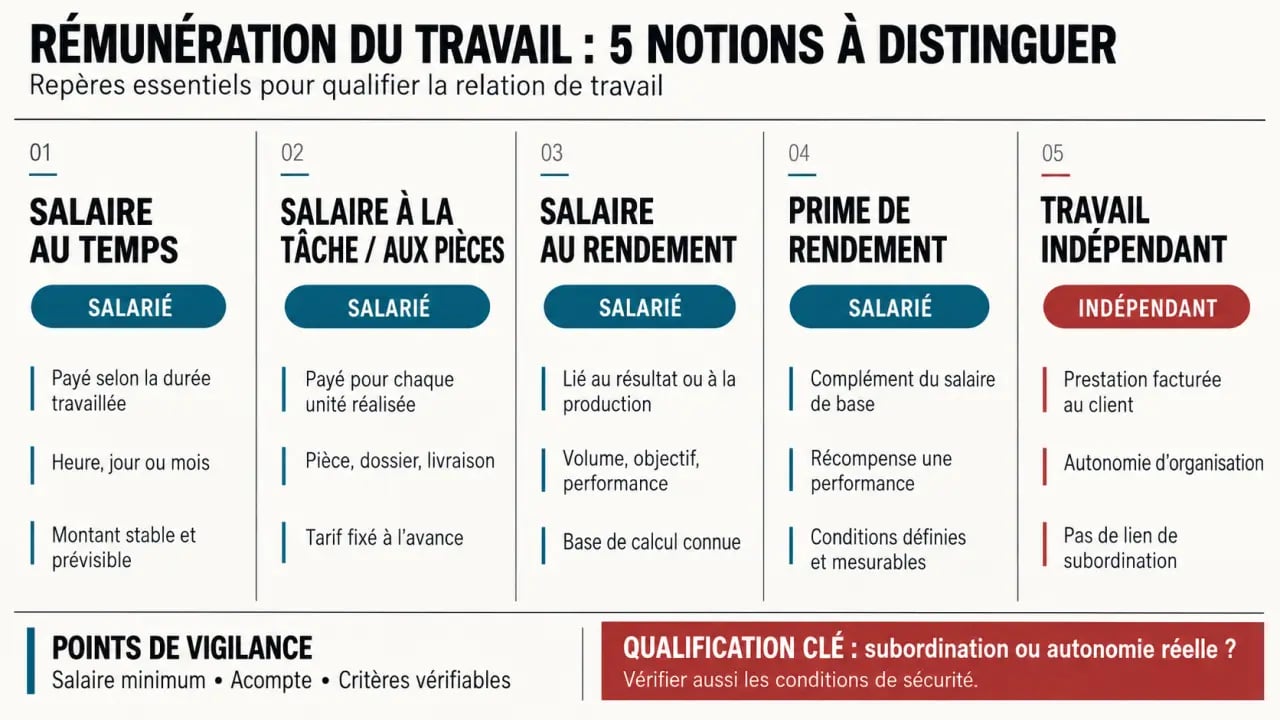 Infographie comparative sur le contrat de travail rémunéré à la tâche, le salaire au rendement et le travail indépendant