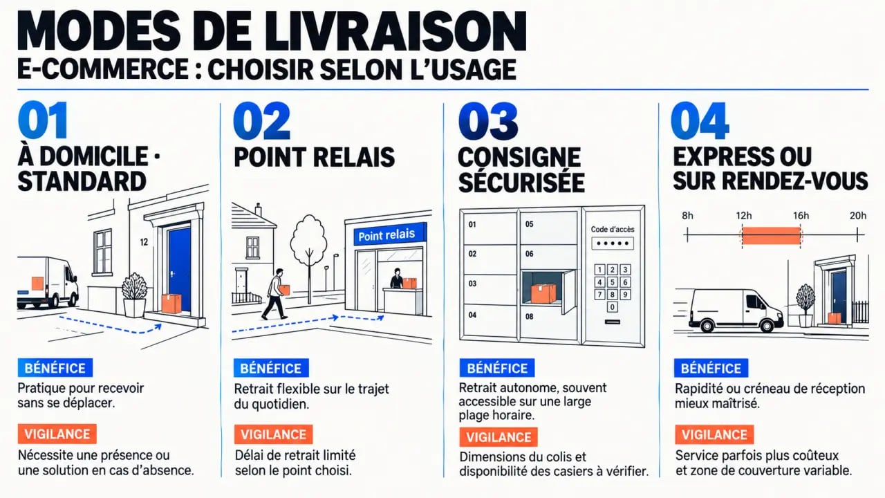 Infographie des modes de livraison e-commerce à domicile, en point relais, en consigne et en express