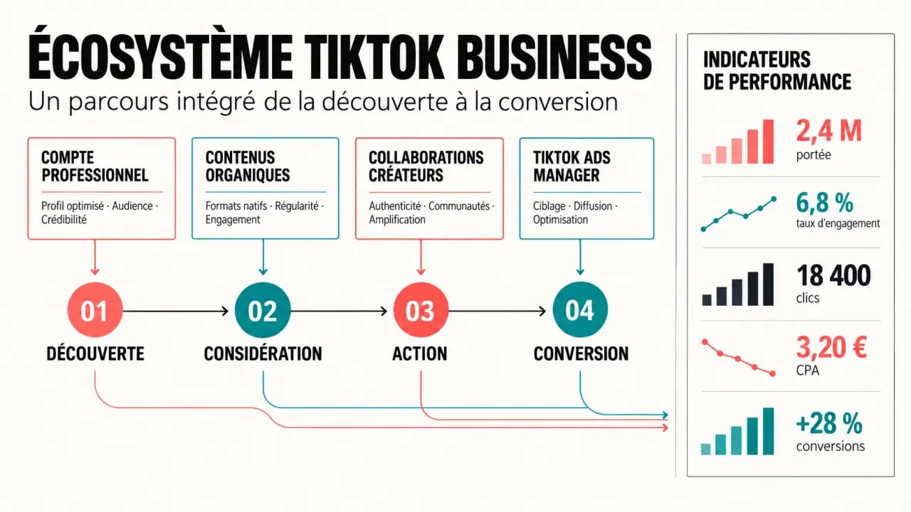 TikTok Business : schéma des leviers organiques, créateurs, publicité et conversion