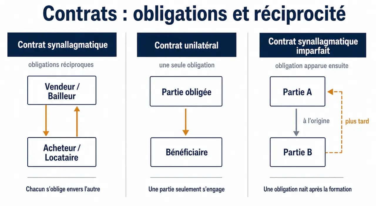 Contrats synallagmatiques : schéma comparatif des obligations réciproques, du contrat unilatéral et du contrat synallagmatique imparfait