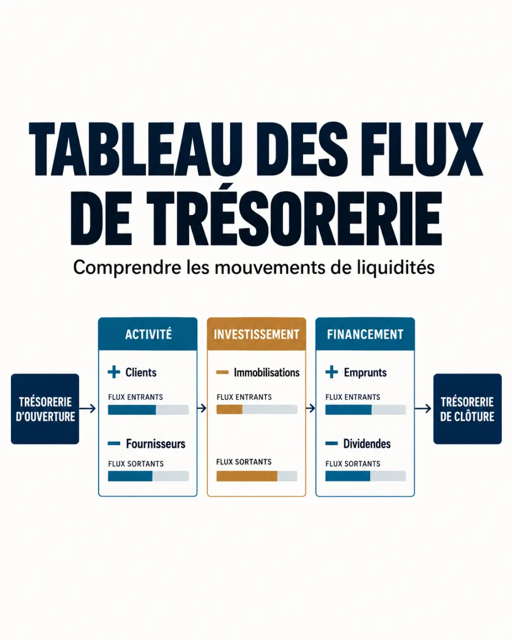 Infographie du tableau flux de trésorerie : activité, investissement, financement et évolution de la trésorerie