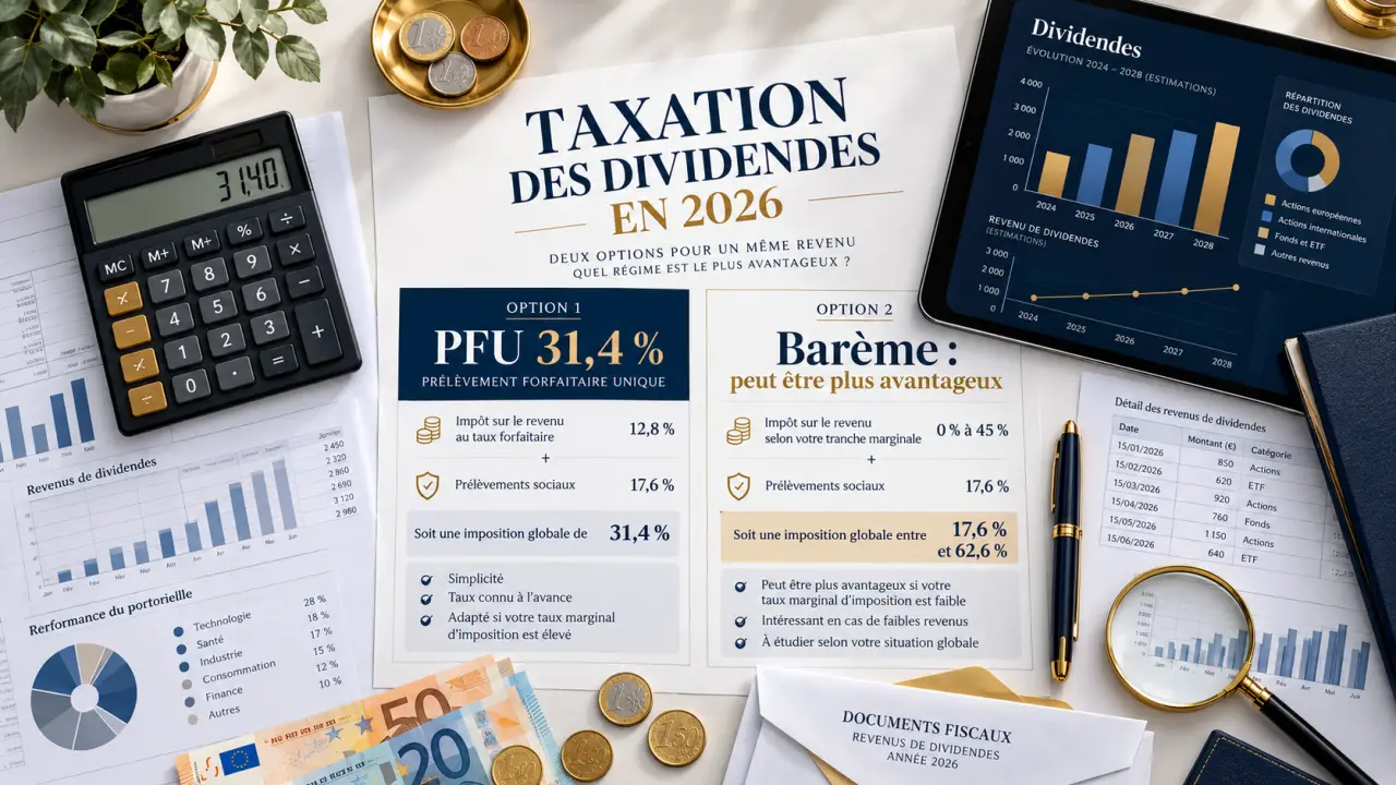 Taxation des dividendes en 2026 : 31,4 % au PFU, mais le barème peut être plus avantageux