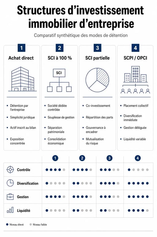 Comparatif des montages pour l'investissement immobilier en entreprise : achat direct, SCI et SCPI