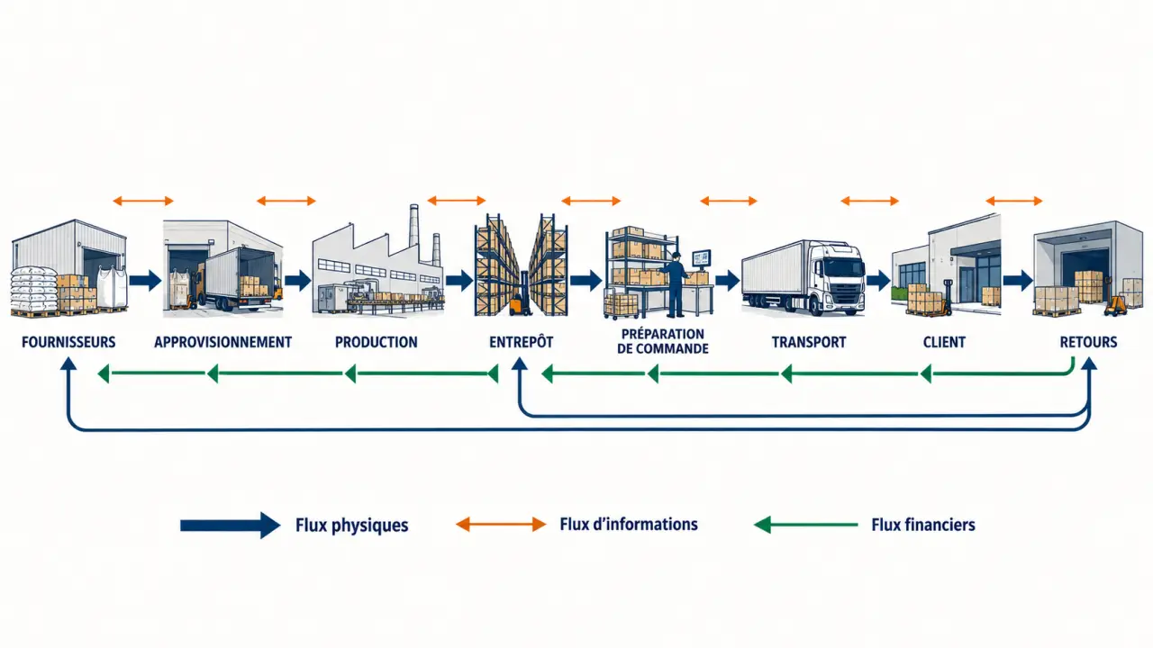 Schéma de chaîne logistique présentant les étapes, les acteurs et les flux de l’approvisionnement à la livraison