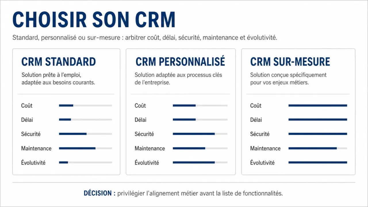 Développement logiciel CRM : comparaison visuelle entre CRM standard, personnalisé et sur-mesure