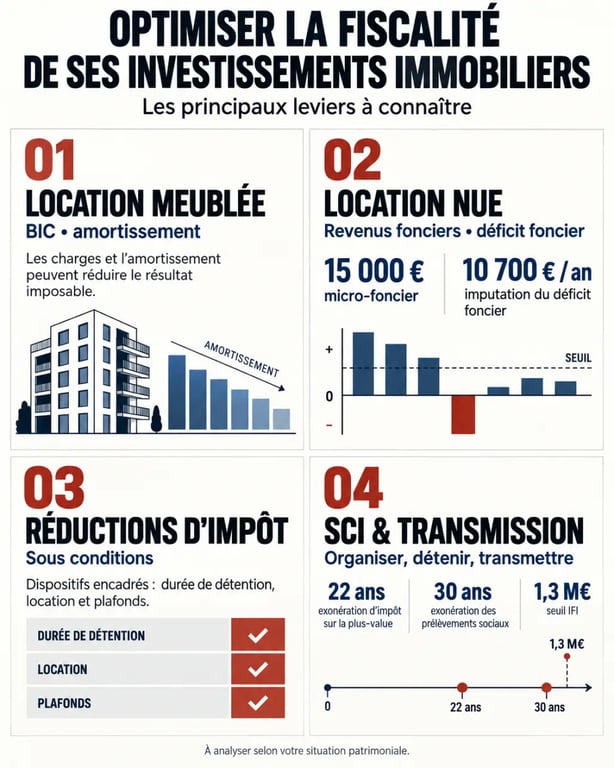 Infographie sur comment optimiser la fiscalité de ses investissements immobiliers entre LMNP, déficit foncier, SCI et IFI