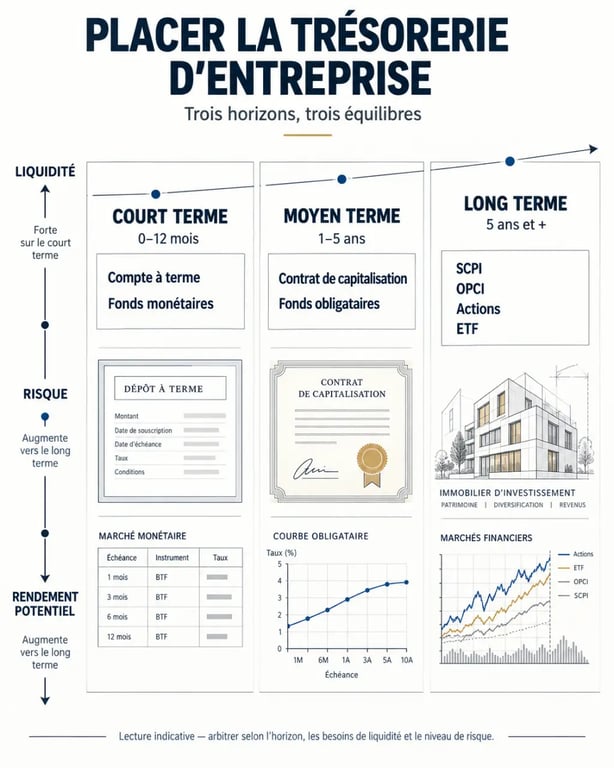 Infographie sur le placement trésorerie entreprise selon l’horizon, le risque et la liquidité