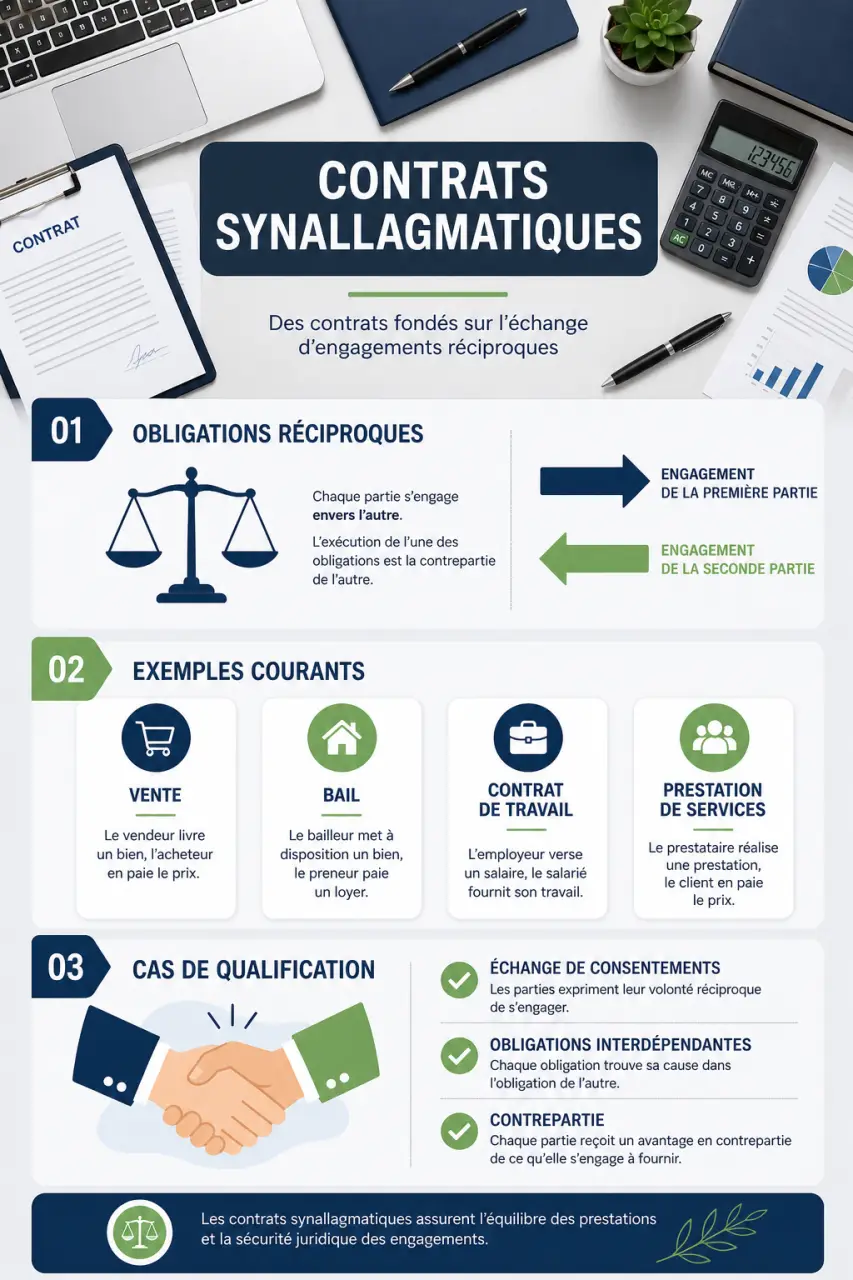 Contrats synallagmatiques : obligations réciproques, exemples courants et cas de qualification
