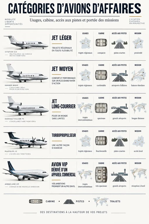 Avion d’affaires : catégories de jets privés et usages professionnels