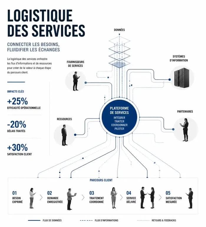Schéma conceptuel illustrant la logistique des services et le pilotage des flux immatériels