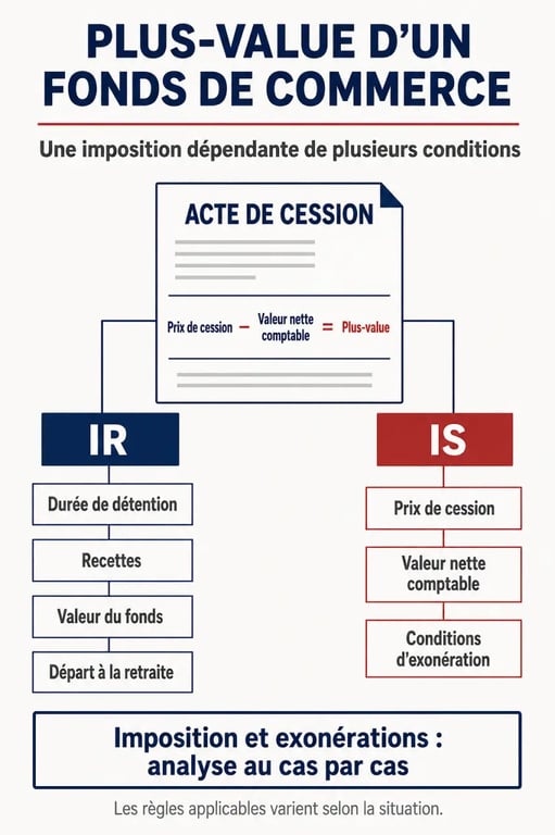 Infographie sur la plus value fond de commerce selon le régime fiscal et les conditions d’exonération