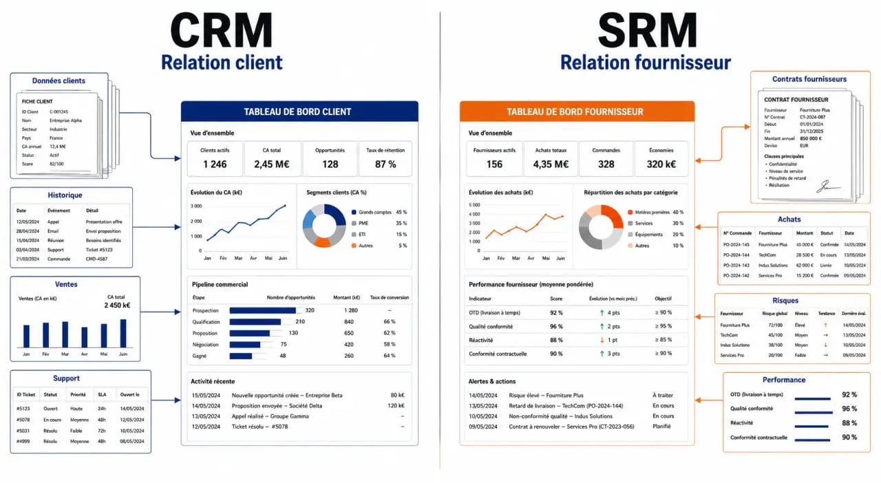 Comparaison CRM SRM entre relation client et relation fournisseur dans une illustration éditoriale sobre