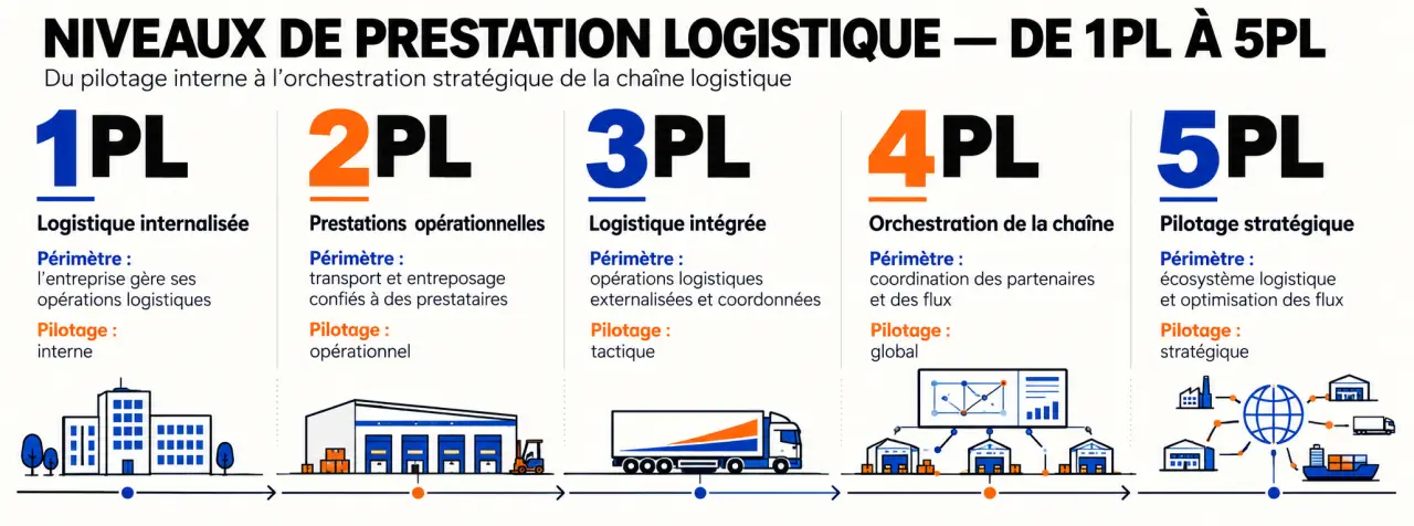 Prestataire logistique : schéma des niveaux 1PL à 5PL et de leur périmètre