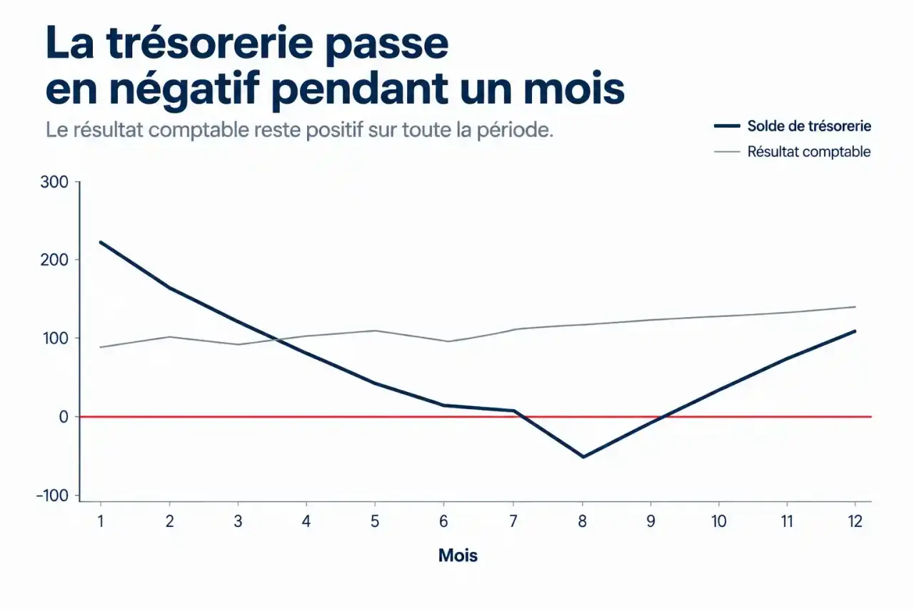 Graphique d'un plan de trésorerie : le solde cumulé passe sous zéro alors que le résultat comptable reste positif