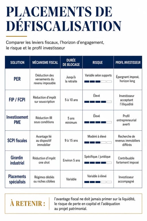 Placement financier de défiscalisation : infographie comparative des dispositifs, des durées et des risques
