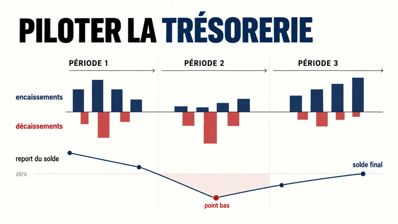 Infographie de gestion de trésorerie montrant les encaissements, les décaissements et le point bas prévisionnel