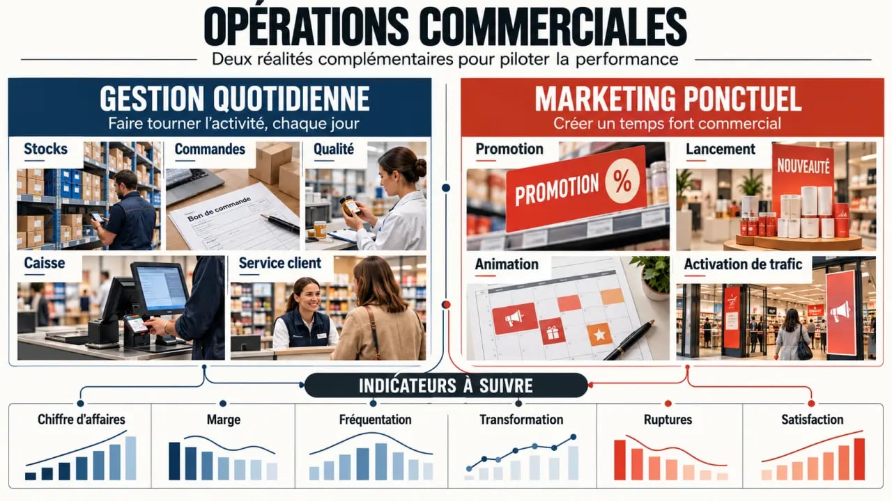 Infographie sur les opérations commerciales et leurs principaux types et indicateurs